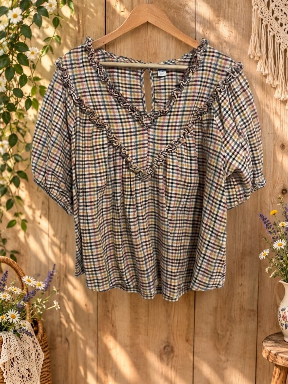 Old Navy Women’s Western Boho Textured Plaid Ruffle-Trim Peasant Top XL 🌼 🤎